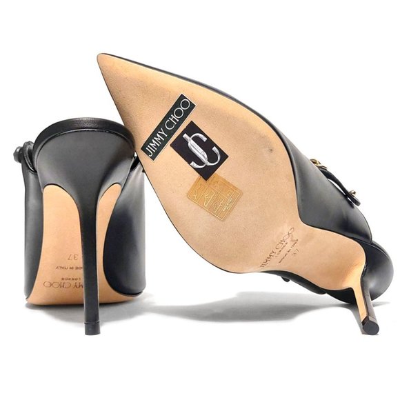 Jimmy Choo Lexx 100 Black Leather Gold Color Chain EU 37 US 7 Mules - Picture 11 of 12